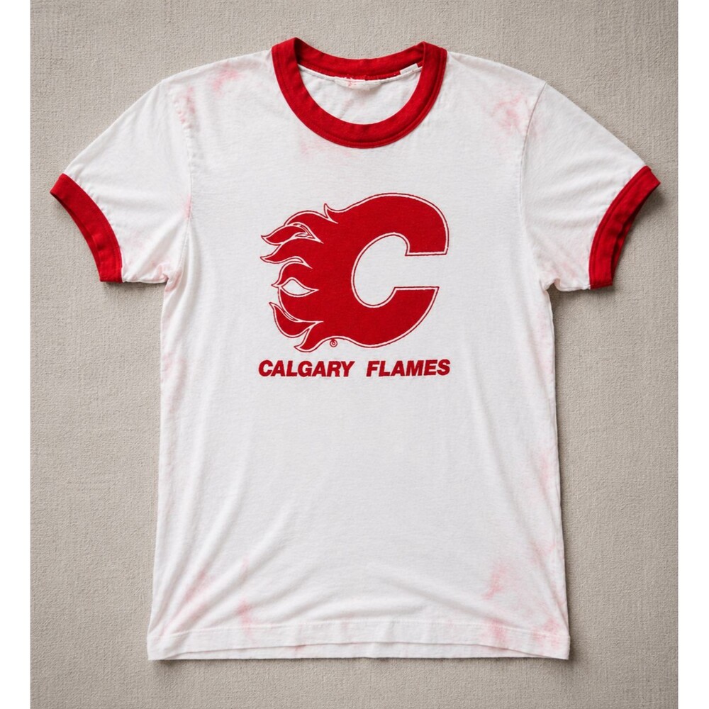 Vintage 80s Calgary Flames NHL Stedman USA Ringer Single Stitch T Shirt Medium